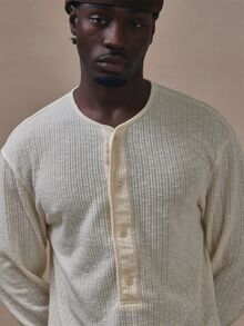 Musero Ribbed Lose Fit Henley Long Cuffed Sleeve Button Detail Autum Winter Essentials - Apricot - View 5