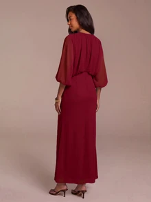 COSMINA Damen Lässig Romantisch Sexy Elegant Hellblau Chiffon Maxikleid Raffiniert Pendler Outfit Ausflug Party Braut Vorbereitung Hochzeit Herbst - Bordeaux - Übersicht 2