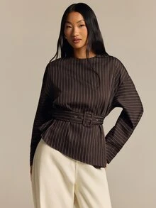 COSMINA Women's Long Sleeve Brown Striped Shirt With Belt And Asymmetrical Hem, Autumn/Winter - Brown - View 5