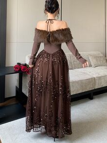 Feyla New Design Off-Shoulder Luxury Heavy Beaded Fur Collar Patchwork Elegant Evening Dress - Brown - View 5