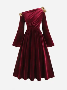SHEIN Tween Girls Solid Burgundy Velvet Asymmetric Shoulder Mid-Length Dress, Gold Flower Decoration, Elegant One-Shoulder Design, Autumn/Winter - Burgundy - View 2
