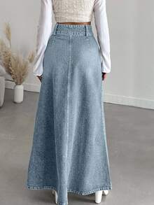 SHEIN Tall Tall High Waist Casual Style Light Blue Wash Regular Fit Double Button Long Denim Skirt - Light Wash - View 3