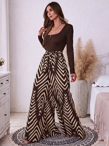 SHEIN LUNE 黑色女款純色羅紋拼接幾何印花波希米亞休閒長袖連身褲 - 棕色 - 查看 5