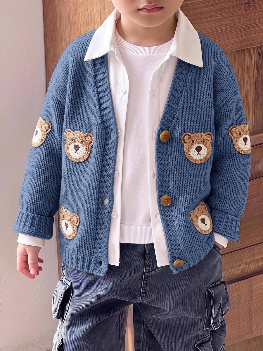 SHEIN Little Byeori 兒童小男孩冬季開襟衫,休閒學院風復古風格,柔軟,適合秋冬,生日派對、晚宴、學校典禮穿著 - 彩色 - 查看 1