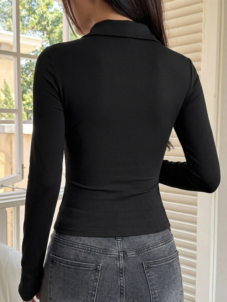 DAZY Women's Collared Short Sleeve Fitted Base Layer Sexy Casual Pullover Streetwear T-Shirt - Black - View 2