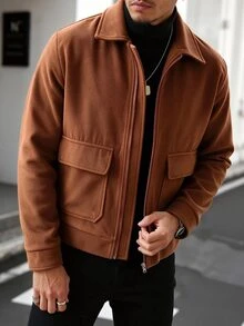 Manfinity Homme 男士成熟休閒純色棕色羊毛短夾克，節日禮物首選 - 棕色 - 查看 3