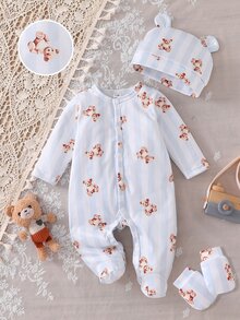Newborn Soft Comfortable Warm Gray-Blue Vertical Stripe Bear Pattern Printed Fabric Front Button Long Sleeve Footed Romper Hat & Mittens 3-Piece Set - Blue - View 8