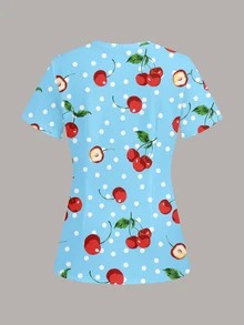 PopScrub Women's Cherry Pattern Print Short Sleeve Scrub Uniform Top - Multicolor - View 2