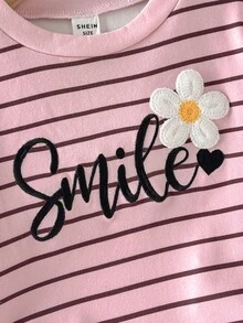 SHEIN Baby Girl Baby Girl Knitted Striped Pattern 3D Flower Round Neck Long Sleeve Pullover Sweatshirt & Long Pants 2 Pieces Set, Suitable For Autumn/Winter, Inner Wear, All-Match Casual, Versatile Fashion - Multicolor - View 4