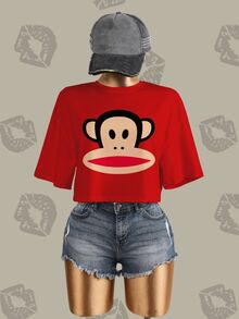 Paul Frank X SHEIN Women's Cartoon Print Round Neck Short Sleeve Casual Cropped T-Shirt - White - View 3
