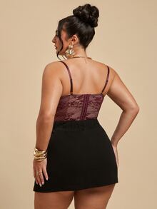 SHEIN BAE CURVE Plus Size Women Sexy Lace Patchwork Tie-Up Skort - Black - View 5