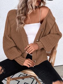 EMERY ROSE Raglan Sleeve Textured Knit Cardigan,Long Sleeve Tops Fall Winter Cloth For Women - Rust Brown - View 3