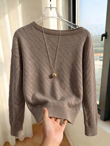 SHEIN 不對稱單肩針織套頭衫 | 米色寬鬆落肩毛衣 秋冬款 - Volcanic Gray - 查看 4