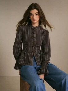 Poéselle Women's Striped Button-Front Long Sleeve Elegant Blouse - Brown - View 1