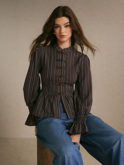 Poéselle Women's Striped Button-Front Long Sleeve Elegant Blouse