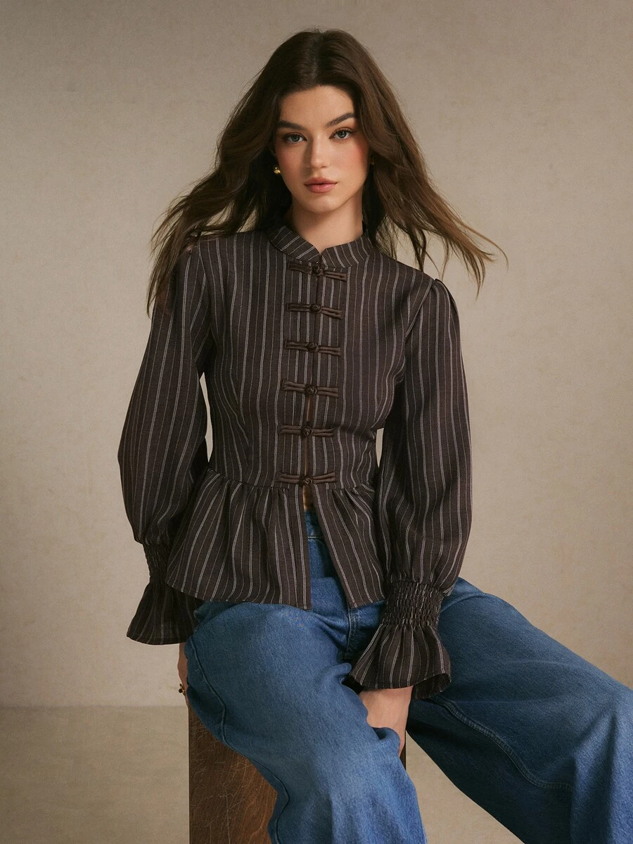 Poéselle Women's Striped Button-Front Long Sleeve Elegant Blouse - Brown - View 1