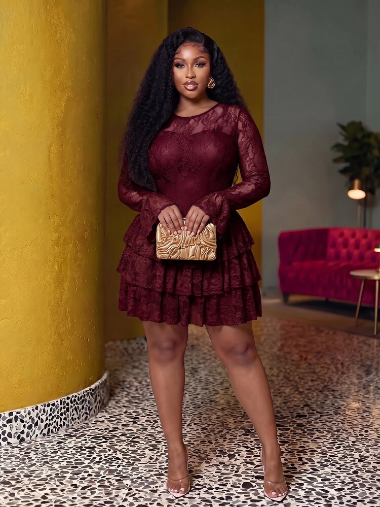 Slaydiva Plus Ruffle Hem Lace Dress Fall - Burgundy - View 7