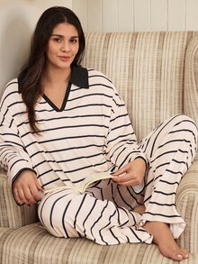 Doze Lane Set Piyama Wanita Ukuran Besar Motif Garis-Garis Bergaris dengan Warna Kontras, Pakaian Santai Kasual - Aprikot - View 6