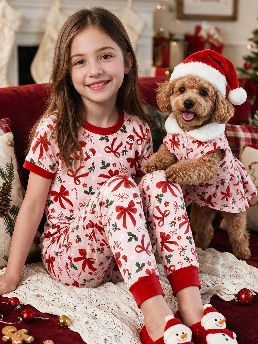 Tween Girl Bow Pattern Print Short Sleeve Top And Long Pants Loungewear Set For Party - Multicolor - View 1