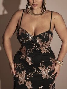 SHEIN BAE CURVE Plus Size Women's Black Sequin Long Spaghetti Strap Tank Dress - Gold - View 6