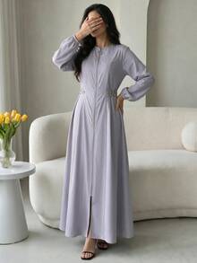 Al Najma Women's Round Neck Long Sleeve Zipper Placket Waist Faux Pearl Decor Arabian Dress - Purple - View 1