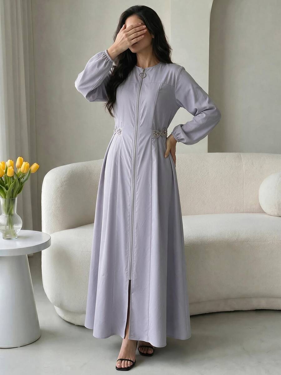 Al Najma Women's Round Neck Long Sleeve Zipper Placket Waist Faux Pearl Decor Arabian Dress - Purple - View 1