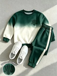 小男孩 2 件套休閒時尚 春/秋/冬 男童圓領運動衫與運動長褲套裝，酷炫漸層色滿版英文圖案，彈性柔軟面料，春/秋/冬男童套裝，休閒穿著，返校、派對，適合戶外野餐、街頭攝影、校園、假期、禮物使用 - 墨綠色 - 查看 5