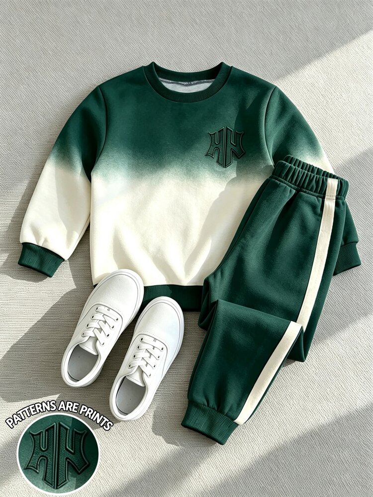 Young Boy 2 Pieces Set Casual Fashion Spring/Autumn/Winter Boys Crew Neck Sweatshirt And Sweatpants Set, Cool Gradient Color All-Over Print English Pattern, Elastic Soft Fabric, Spring/Autumn/Winter Boys Outfit Set, Casual Wear , Back To School, Parties, Suitable For Outdoor Picnic, Street Photography, Campus, Holidays, Gift Use - Dark Green - View 5