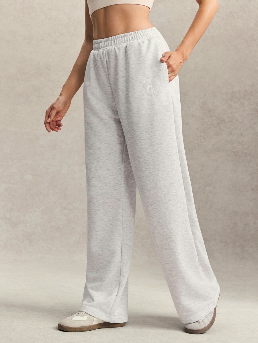 Activina Women's Solid Color Elastic Waist Pocket Loose Fit Sports Long Pants - Grey - View 1