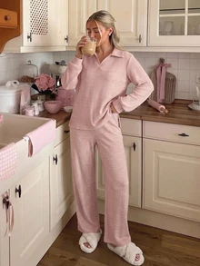 DAZY Autumn/Winter Simple Knit Women's Pajama Set For Home - Pink - View 12