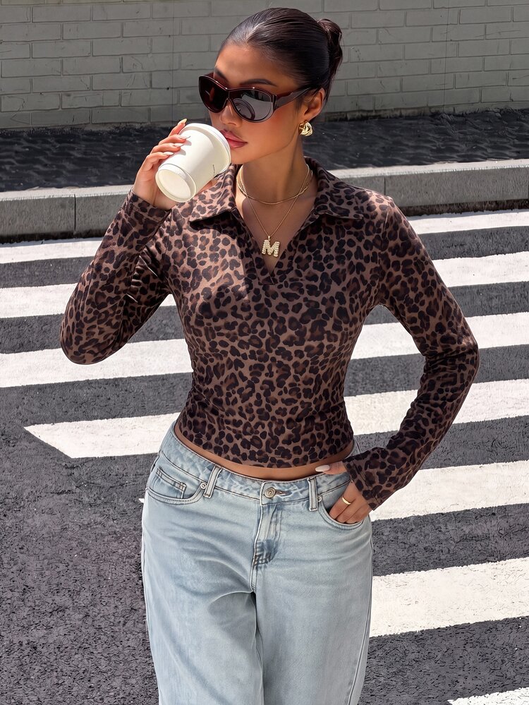 Muchica Kaos Polo Lengan Panjang Wanita Model Preppy Vintage Musim Gugur Terbaru dengan Motif Leopard dan Warna Kontras, Pinggang Berkerut, Gaya Musim Gugur/Dingin, Cocok untuk Perjalanan Sehari-hari, Kencan, Berkumpul, Musim Gugur/Dingin, Musim Panas, Pesta, Pernikahan, Pantai, Upacara Wisuda dan Acara Lainnya, Kasual Elegan, Cocok untuk Jalan-jalan, Gaya Y2K, Festival Musik - Putih - View 1