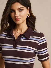 Poéselle 女款新款棉混紡針織條紋撞色 Polo 短袖 T 恤，休閒街頭、辦公、學院風，萬聖節與聖誕節穿搭 - 彩色 - 查看 6