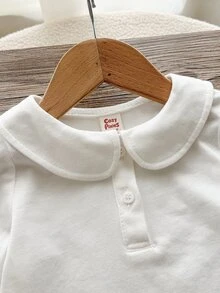 Cozy Pixies 女嬰針織純色彼得潘領長袖套頭上衣，百搭舒適，適合春夏秋冬四季，休閒時尚，返校穿搭，學院風可愛造型 - 白色 - 查看 4