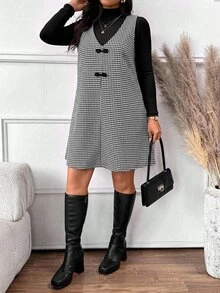 Lounesse Plus Size Women Solid Color Long Sleeve T-Shirt And Houndstooth Pattern Button Design Sleeveless Dress Elegant 2 Pieces Set - Black and White - View 6