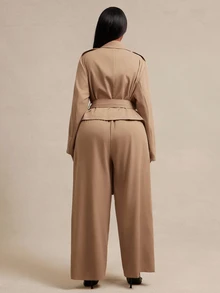 SHEIN SXY Plus Size Women's Solid Color Long Sleeve Jacket And Wide Leg Pants Casual Suit 2 Pieces Set - Khaki - View 9