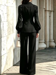Balvessa Autumn/Winter New Women's Elegant Black Rhinestone Decor Jacquard Bubble Long Sleeve Blazer + Wide Leg Pants Suit 2 Pieces Set - Black - View 2