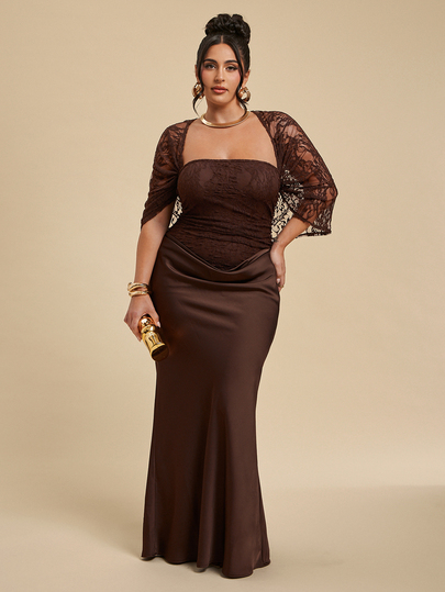 SHEIN BAE CURVE Plus Size Women Brown Lace Dress