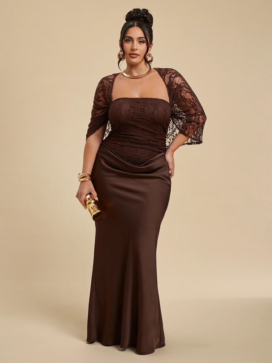 SHEIN BAE CURVE Plus Size Women Brown Lace Dress - Brown - View 1
