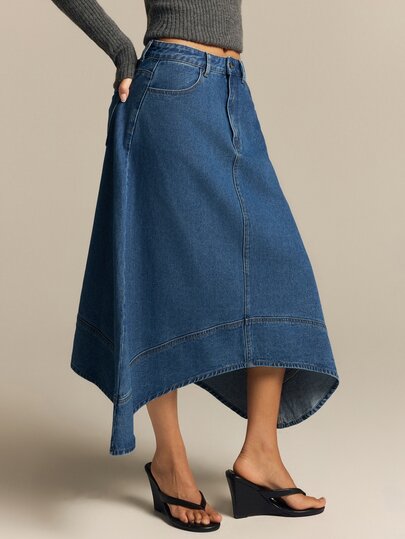 COSMINA Denim Women's Blue Denim Skirt With Large A-Line Asymmetrical Hem, Elegant Casual Autumn/Winter Outfit