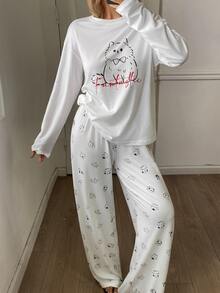 DAZY Cute Black And White Loose Long Sleeve T-Shirt Straight Leg Long Pajama Pants 2pcs Set Women's Sleepwear Sleep Home Fall Casual - Grey - View 1