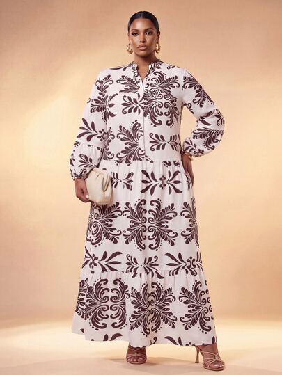 Zivah 2026 Autumn Women's Plus Size New Arrival Anniversary Graduation Season All-Match Versatile Cruise Travel Casual Comfortable Multi-Occasion Lightweight Fashion Plus Size Clothing V-Neck Shirt Collar Print Long Sleeve A-Line Puff Sleeve Patchwork Dress
