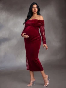 SHEIN Burgundy Velvet Contrast Lace Long Sleeve Plus Size Maternity Evening Gown, Cold Shoulder, High Slit Sheer Lace Elements, Suitable For Evening Party, Cocktail Or Wedding - Burgundy - View 5