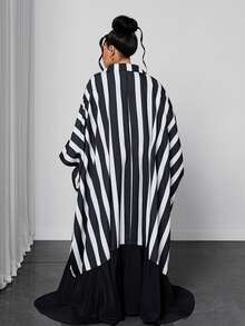 Maweii Plus Size Casual Loose Striped Patchwork Versatile Women's Dress Fall - Black and White - View 6