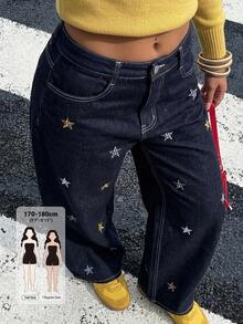 Dazy Tall Women's Star Decor Street Casual Straight Leg Jeans - Dark Wash - View 1