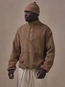 Musero Borg Funnel Neck Long Sleeve Top With Contrast Placket And Press Stud Fastening Autum Winter Essentials - Brown - View 1