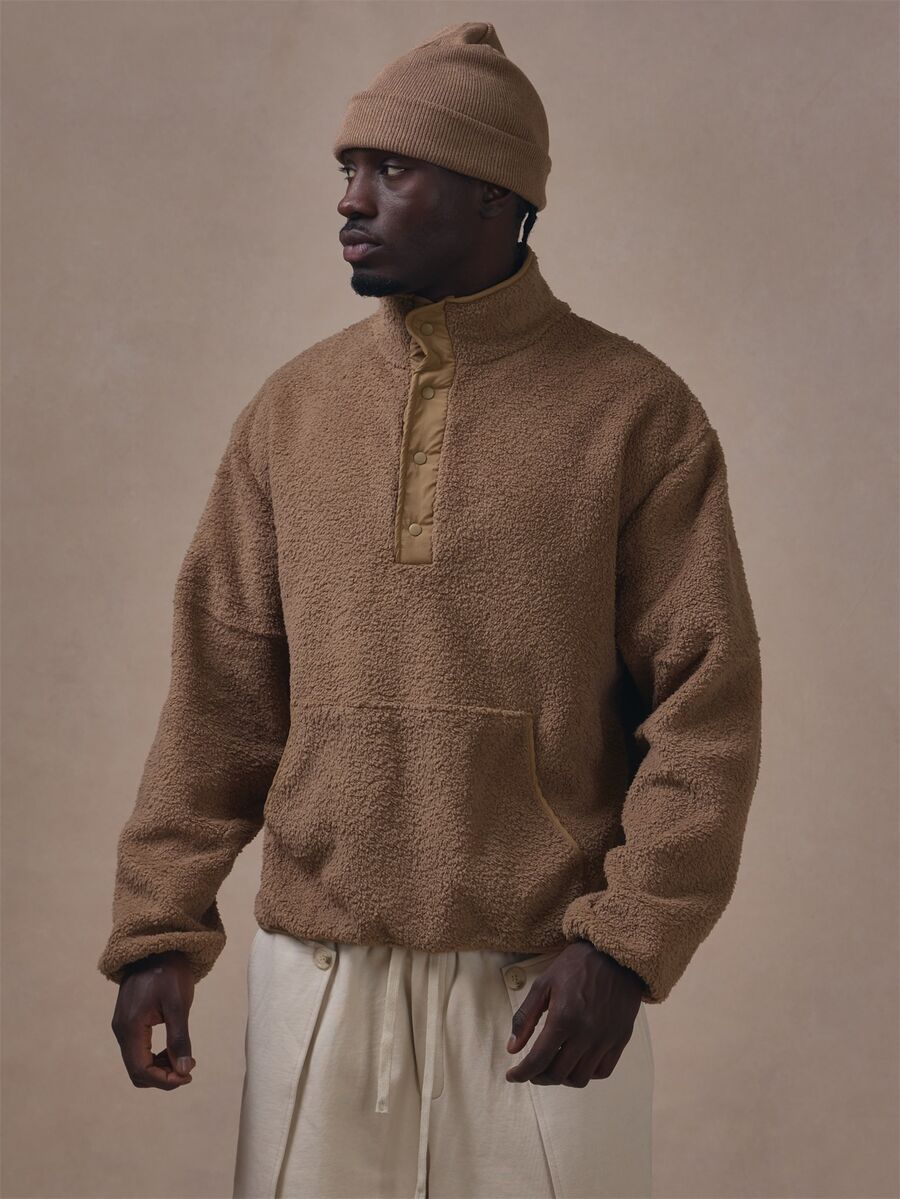 Musero Borg Funnel Neck Long Sleeve Top With Contrast Placket And Press Stud Fastening Autum Winter Essentials - Brown - View 1