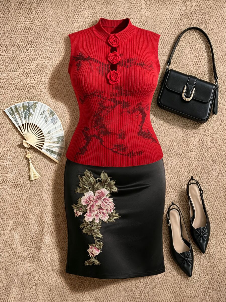 EastFlair Plus Size Women's Floral Embroidered Elegant Bodycon Skirt Cocktail Party Black Fall Fall/Winter Chinese Style - Black - View 1