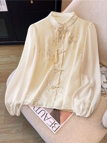 GlowEve 女款花卉刺繡立領鈕扣式優雅長袖襯衫 - 杏色 - 查看 1