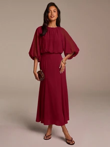 COSMINA Damen Lässig Romantisch Sexy Elegant Hellblau Chiffon Maxikleid Raffiniert Pendler Outfit Ausflug Party Braut Vorbereitung Hochzeit Herbst - Bordeaux - Übersicht 3