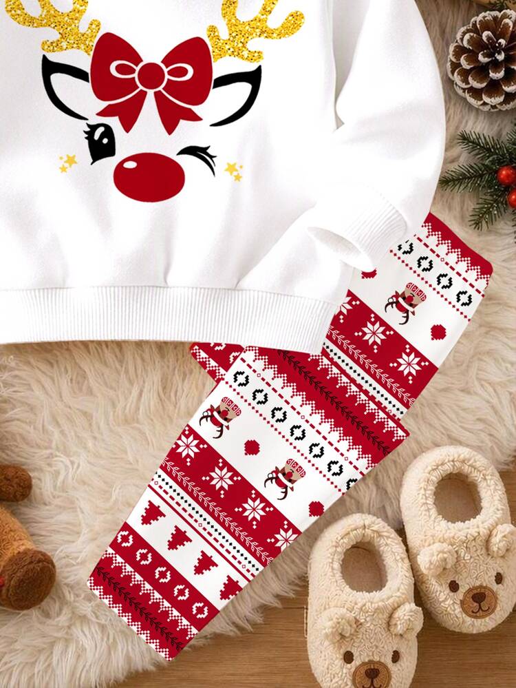 Merry Christmas, Baby Girl Casual Cute Adorable Cartoon Christmas Reindeer Pattern, Snowflake Plaid Print, Christmas Red Festive Soft Thick Crew Neck Long Sleeve Sweatshirt And Leggings, Suitable For Autumn/Winter Baby Festive Xmas Wear, Cute - Multicolor - View 5
